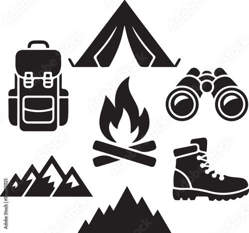 Camping adventure awaits with essential gear icon set