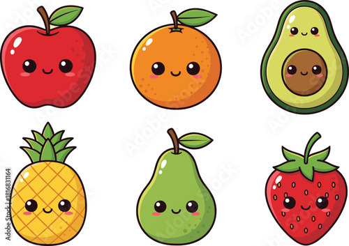 Adorable kawaii fruit character vector set featuring cute smiling apple, orange, avocado, pineapple, pear, and strawberry illustrations for children’s designs.