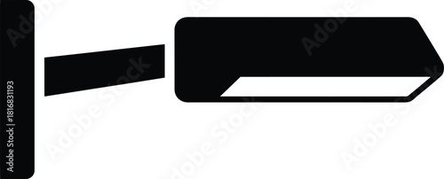 Modern black silhouette of a wall mounted outdoor light fixture with a rectangular housing and a clear illuminated panel against a white background