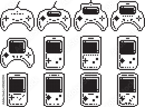 Joystick videogame controller icon black screen shadow bottom left and detail black-white vector pixel art icon	