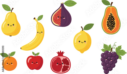Adorable kawaii fruit character vector set featuring pear, banana, fig, papaya, lemon, orange, apple, pomegranate, and grapes in cute cartoon style.