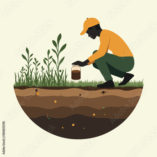 Soil health education and urban gardening flat vector set with farmers testing soil samples, plant roots, and kids learning about compost and soil layers