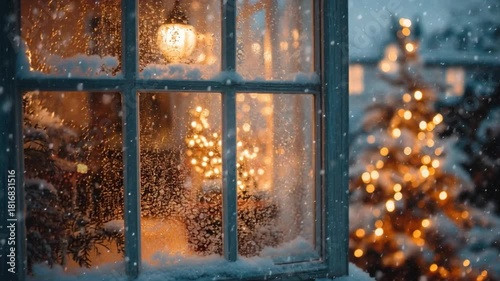 A frosted window glows with warm golden Christmas lights as snow falls outside