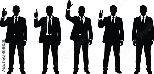 Businessmen silhouettes making hand gestures, formal suits, corporate communication, body language, leadership signals, professional team, business concept, white background