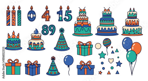 Happy birthday celebration icons cakes, balloons, gifts, and candles for parties
