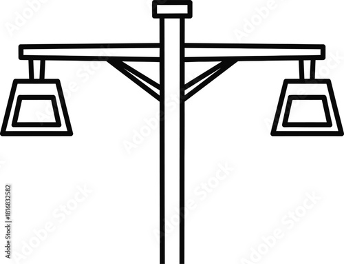 Simple black and white line art icon of a traditional street lamp post with two hanging lights on a white background