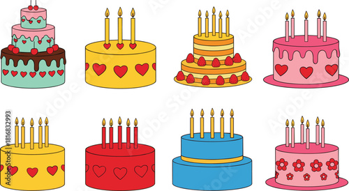 Colorful birthday cake collection with candles, hearts, strawberries, and decorative frosting, perfect for celebration designs, party invitations, and festive illustrations.