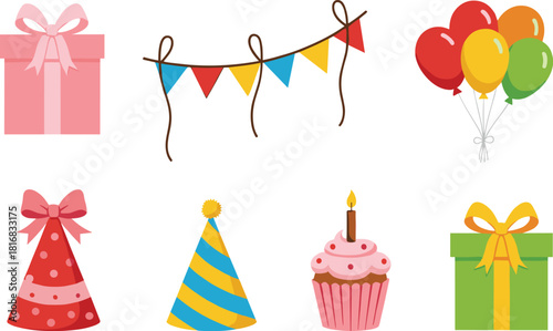 Colorful birthday party elements vector set featuring gifts, balloons, party hats, cupcake, and festive decorations for celebration and event designs.