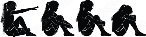 Emotional silhouette sequence, seated posture, introspective pose, body language, sadness, reflection, distress, solitude, mental state, expressive figure, mood shift