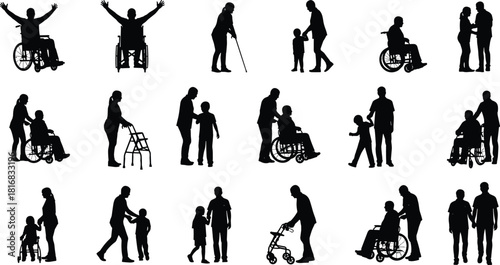Elderly and caregiver silhouettes, intergenerational support, wheelchair assistance, family bond, compassion, aging care, emotional connection, walking aid, love, help