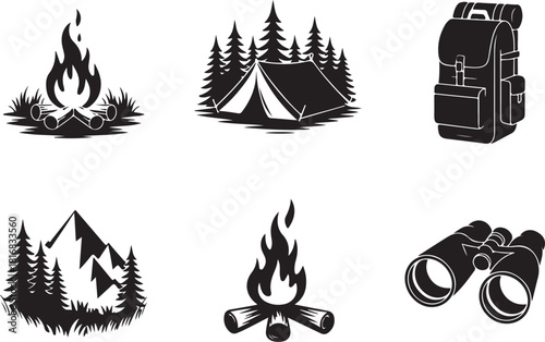 Camping adventure icons for outdoor expeditions