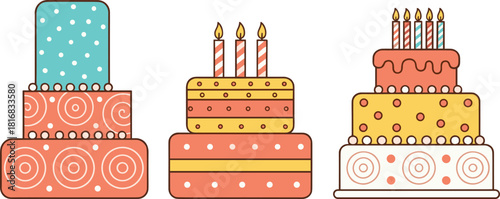 Colorful decorated birthday cake vector set featuring layered cakes with candles, sprinkles, frosting, and cute patterns for celebration and party designs.