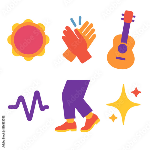 Rhythm Icons Ensemble. Creative Rhythm flat icon set: tambourine, hand clap, guitar, dancing feet, beat symbol, sparkle