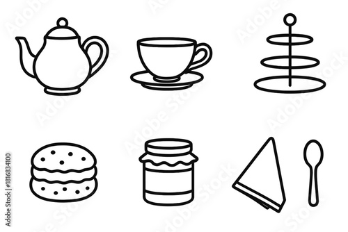 Classic Tea Set Icons. Classic Afternoon Tea linear icon set: teapot, teacup, sugar bowl, tiered tray, scone, jam jar, napkin, spoon