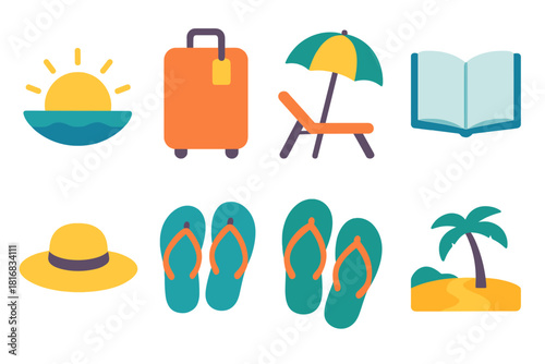 Vibrant Travel Essentials. New Beginnings flat icon set: sunrise, suitcase, beach chair, palm tree, open book, hat, sandals, path forward