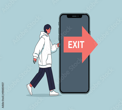 Illustration of a person walking out of a smartphone with a red exit arrow, symbolizing digital detox, logging off, leaving an online platform, or disengaging from tech