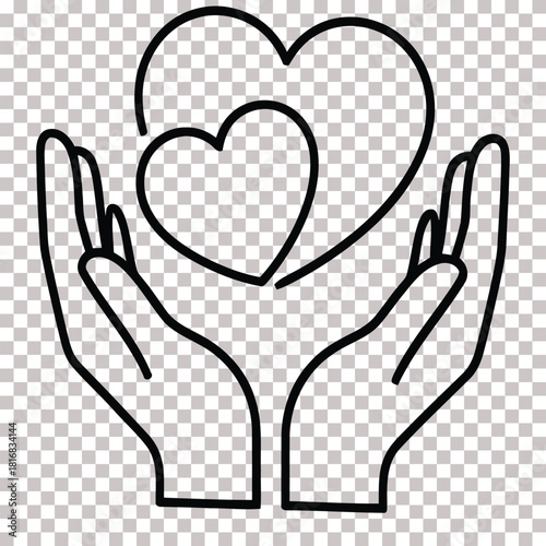 Hands Holding Two Hearts Line Art Symbol of Love Hope and Charity Support Giving Help Share Awareness Kindness Concept Vector Illustration Isolated on Transparent Background