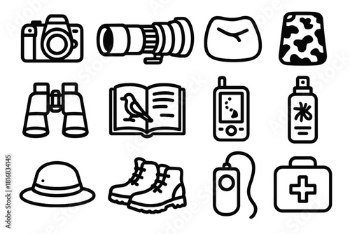 Safari Gear Icon Set. Wildlife Safari Photo Tour linear icon set. DSLR camera, super telephoto lens, bean bag rest, camouflage cover, binoculars, field guidebook, GPS tracker