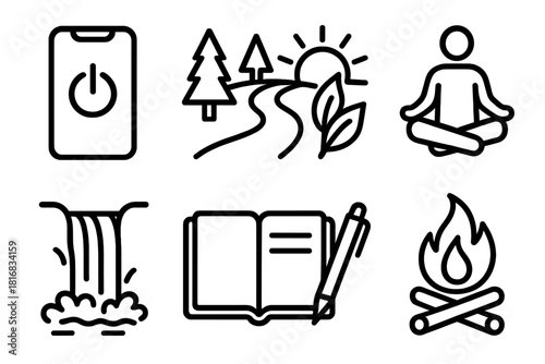 Digital Detox Icons. Digital Detox linear icon set. turned-off device, nature trail, leaves, sun rays, yoga pose, waterfall, pen and notebook, campfire