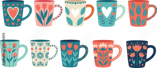 Colorful decorative floral coffee mug vector set featuring hand-drawn patterns, hearts, leaves, and whimsical designs for cozy kitchen and home decor projects.