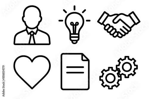 Empathetic Leadership Icons. Leadership empathy linear icon set. leader figure, light bulb, handshake, heart, document, gears.