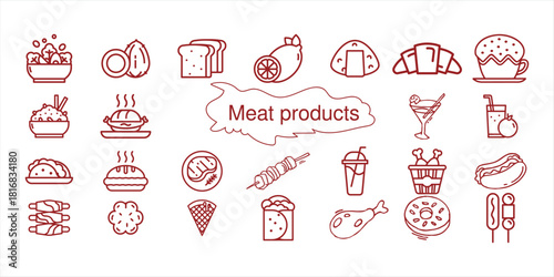 Meat products. Top view frame. Hand drawn illustration. 