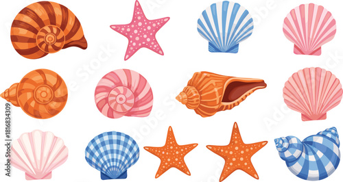 Colorful decorative seashell and starfish vector collection featuring assorted ocean shells, beach elements, and marine illustrations in vibrant pastel and striped designs.