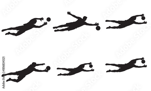 Dynamic silhouette sequence of a goalkeeper diving to catch a ball in mid air silhouette