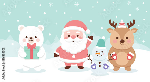 Festive Holiday Characters in a Winter Wonderland Scene