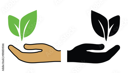 Hand holding two leaf sprout plant nature conservation vector illustration
