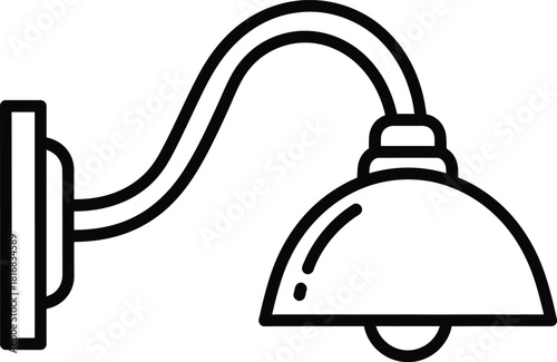 Simple black line art icon of a classic outdoor wall mounted lamp with a curved arm and a bell shaped shade on a white background