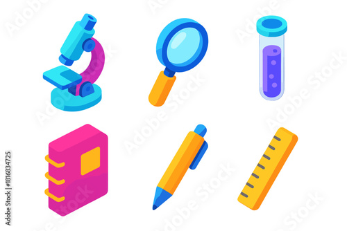 Modern Research Tools Icons. Research Tools flat icons set. microscope, magnifying glass, test tube, notebook, pen, ruler