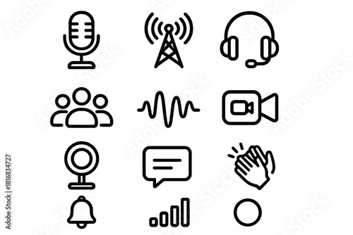 Podcast Icons Collection. Live Podcast Broadcast linear icon set: on-air mic, radio tower, headset, audience icon, streaming wave, camera, light ring, chat bubble, applause icon