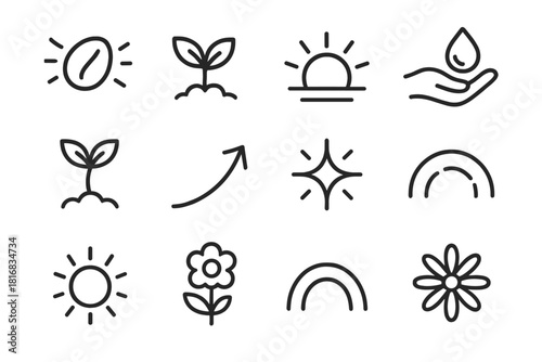 Seed to Bloom Icons. Early Growth Collection linear icon set: fresh seed, mini plant, soft beam, nurturing droplet, early stage icon, gentle motion lines, beginning path, youthful