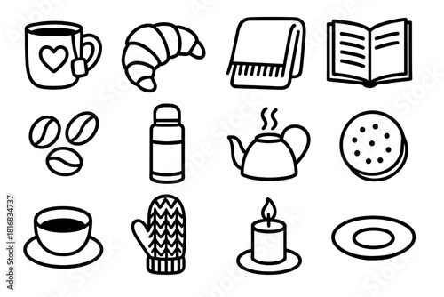 Cozy Café Icons. Comfort Café Moments linear icon set. mug with heart, teabag tag, croissant, cozy blanket, open book, coffee beans, thermos, steaming kettle, biscuit, saucer
