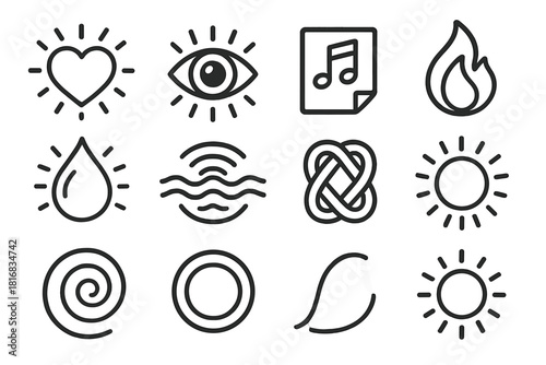 Emotional Memory Icons. Emotional Memory linear icon set: heart-light symbol, warm aura, reflective eye, soft ripple, cherished note, gentle flame, nostalgia droplet, calming wave