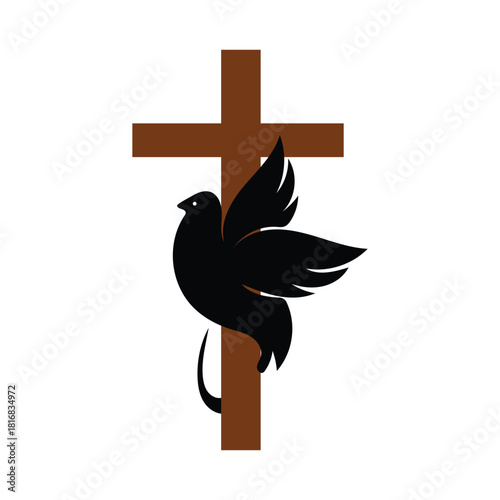 Dove Vector Illustration on Wooden Cross Symbol of Faith