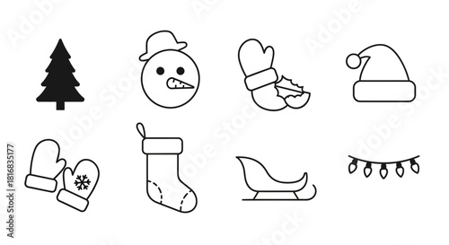 Festive Christmas Icon Set Snowman, Sleigh, Santa Hat, Tree, Garland, and Mittens