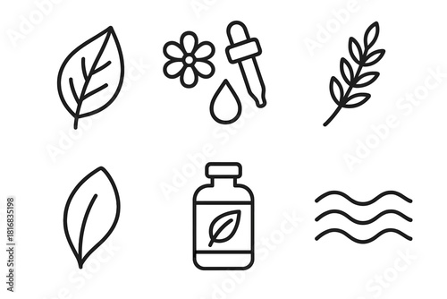Botanical Wellness Icons. Botanical Wellness Set linear icon set: herbal leaf, flower essence drop, calming sprig, wellness bottle, soft petal, gentle wave