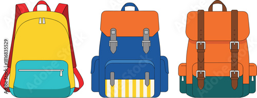 Colorful modern backpack vector illustration set featuring three stylish travel and school bags with unique designs, bold colors, and clean minimal shapes.