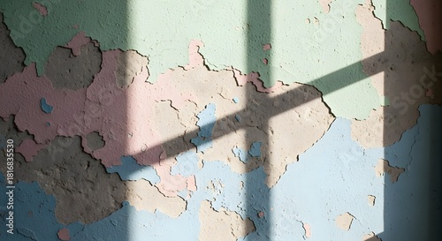 Layers of peeling paint on weathered wall with window shadow