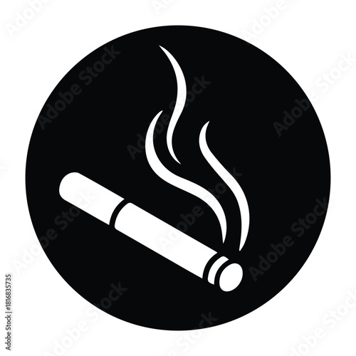 Smoking Icon – White Cigarette with Smoke in Black Circle