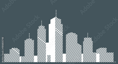 Abstract City Skyline Depicted with Diagonal Lines on Dark Background Vector Artwork