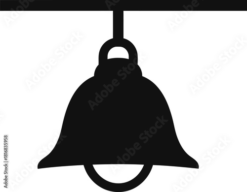 A simple black silhouette of a bell hanging from a horizontal bar isolated on a white background representing a notification or alert symbol