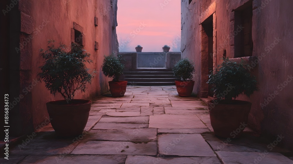 Obraz premium Atmospheric stone alleyway at dusk lined with potted plants and leading to a balustrade under a soft colorful sunset sky