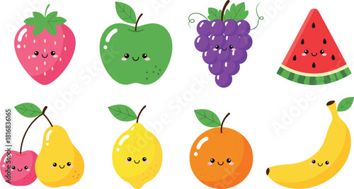 Cute colorful fruit cartoon vector set featuring smiling kawaii characters including strawberry, apple, grapes, watermelon, lemon, orange, pear, and banana illustrations.