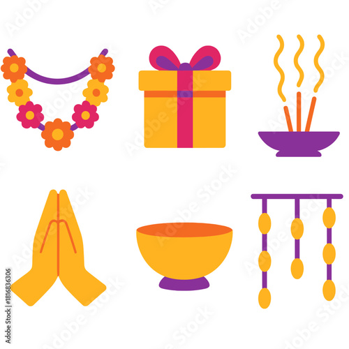 Cultural Symbols Icons. Cultural Traditions flat icon set: garland, gift box, incense, hand gesture, bowl, curtain lights