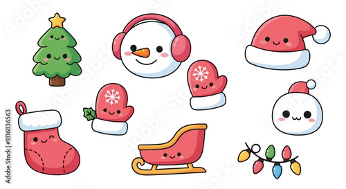 Cute Kawaii Christmas Icons Festive Collection of Holiday Decorations and Characters