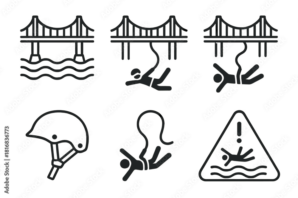 Fototapeta premium Bungee Jump Icons. Bridge Bungee linear icon set. suspension bridge, cord, helmet, falling person, river, safety sign