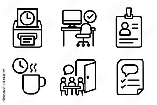 Labor Day Icons. Labor Day Labor Rights Awareness Workplace linear icon set: timecard, safe workstation, ID badge, break symbol, team table, open door, feedback bubble, guidelines